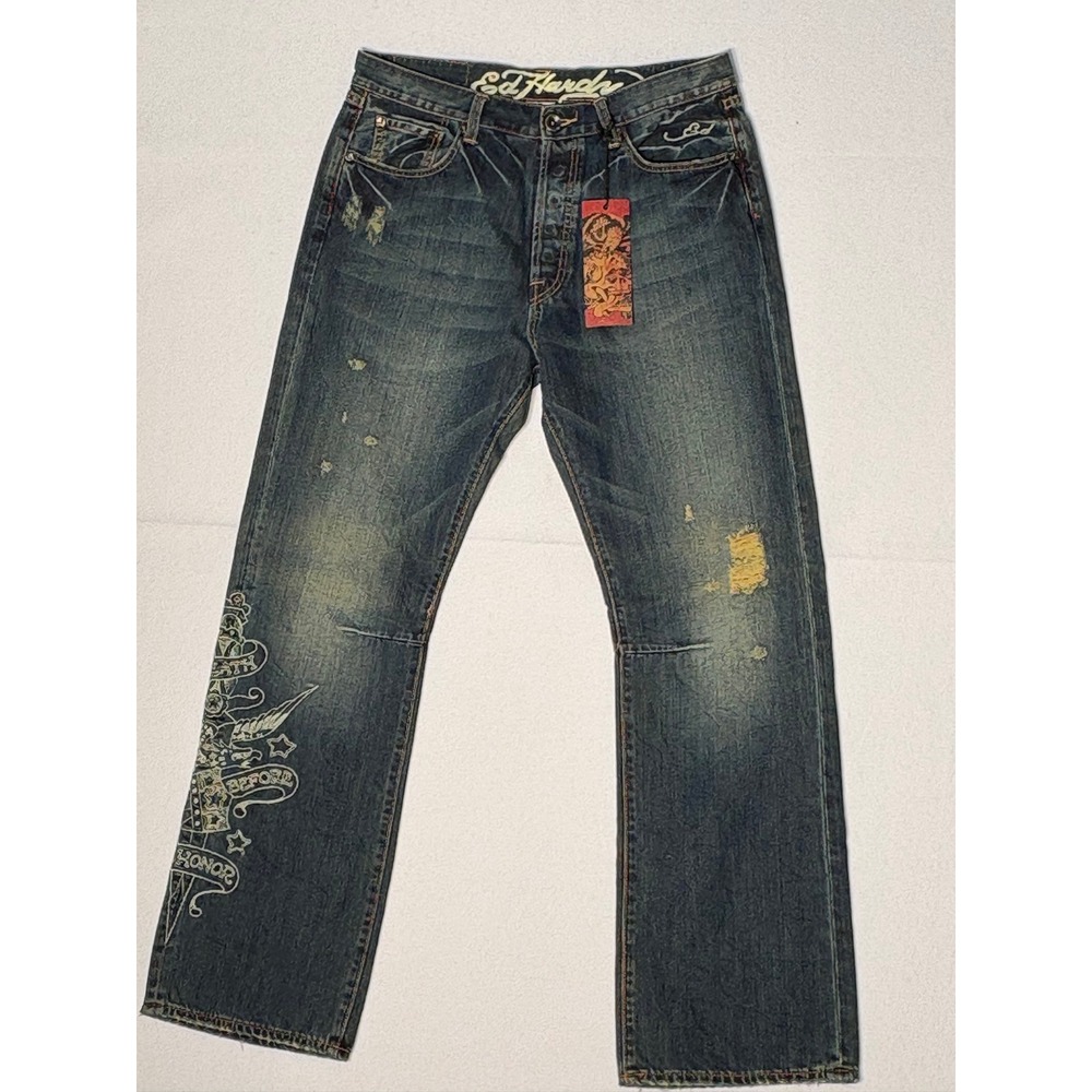 Ed Hardy Mens Distressed Straight Leg Jeans Tattoo Embroidery Dark Wash 36x34